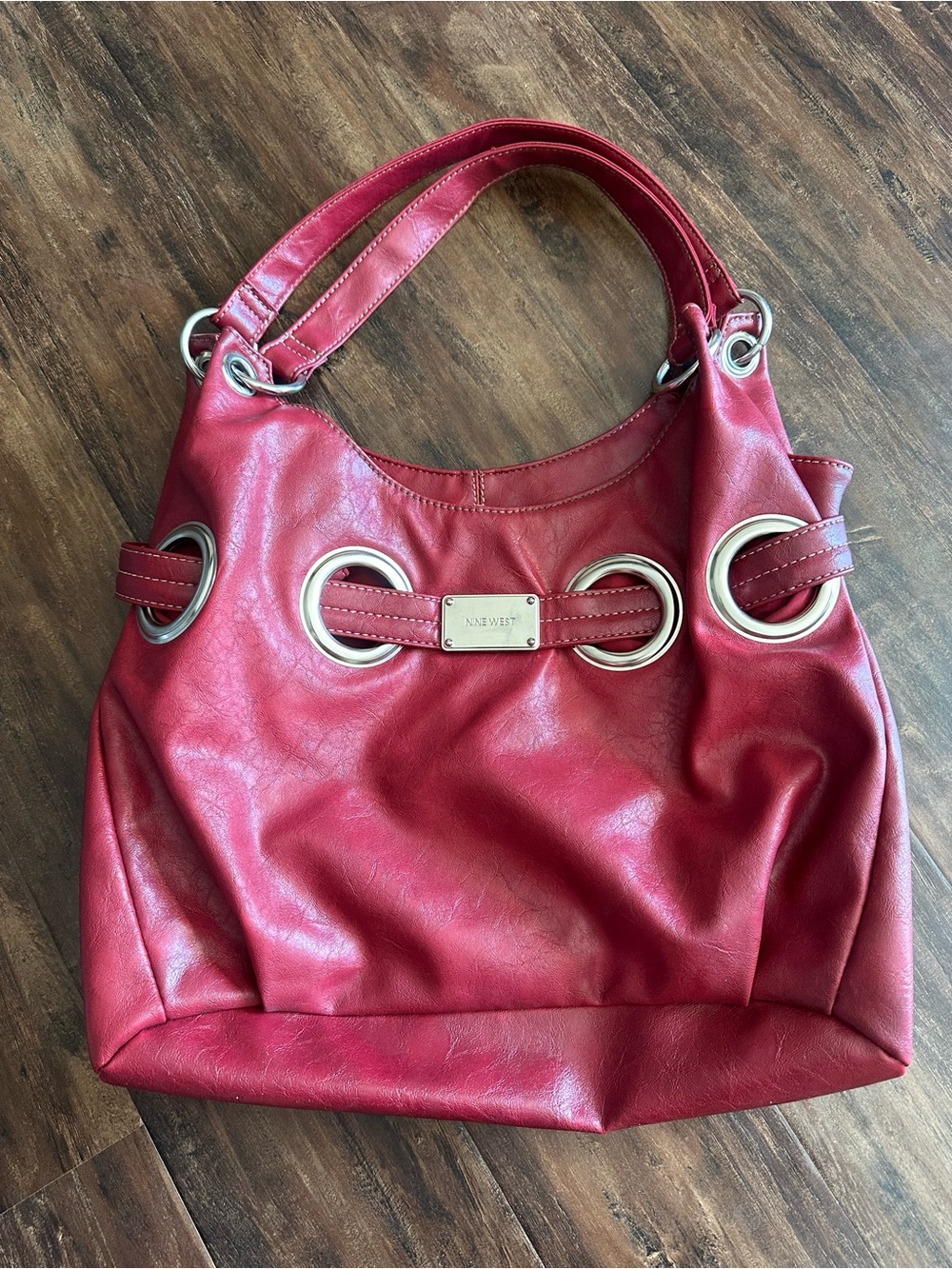 Nine West Crimson Red Shoulder Tote with Silver Eyelets